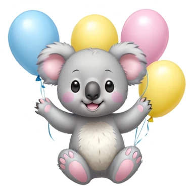 koala floating with pastel balloons, happy face, pastel-toon style sticker
