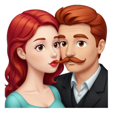 A man with a mustache and brown hair is kissing a girl with red hair sticker