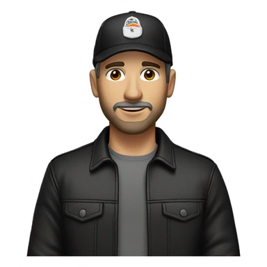 An adult white skin portrait of male with stubble and a slightly gray beard, brown hair, black eyes, wearing a black Reebok cap with a round emblem on his head, and a black leather jacket. sticker