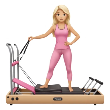long haired blonde pilates instructor teaching reformer in pink set beige reformer sticker