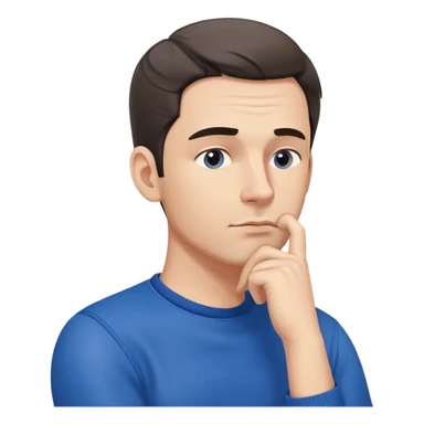 Close-up of a male character in blue clothing, with a thoughtful expression and hand resting on his chin, symbolizing deep thinking. Minimalist, modern style, focusing on facial expression and attire sticker
