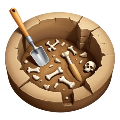 An icon featuring an excavation site with a trowel and ancient artifacts, like pottery and bones, scattered around. The design includes a partially uncovered fossil and a digging brush, symbolizing the discovery of history through archaeology. Transparent background  sticker