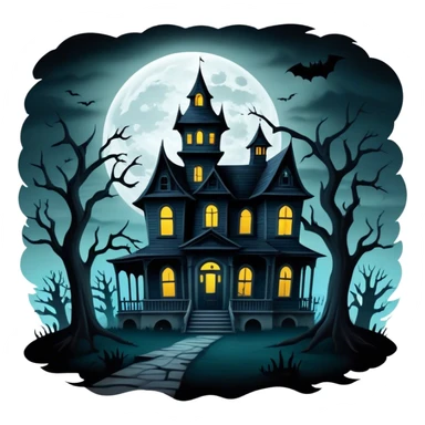 Icon for Horror Movies: A dark, eerie collage featuring iconic horror elements like a haunted house, a full moon, sinister shadows, and creepy creatures emerging from the darkness. The atmosphere should be chilling, with a feeling of suspense and fear. Transparent background. sticker