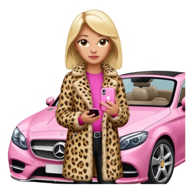 a blondie queen Arina in a leopard fur and pink iPhone on her mercedes sticker
