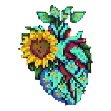 a pixelated human heart with sunflower petals and stem, classic pixel art sticker