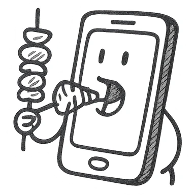 hand drawn cartoon style with black outline of a phone eating kebab, no background sticker