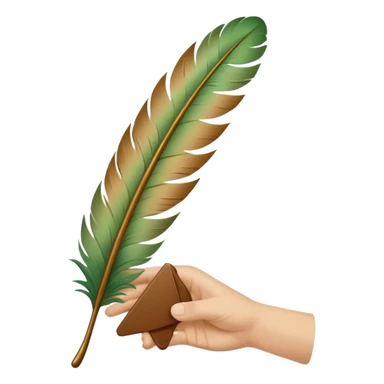 hand holding a bookmark shaped like a feather or pressed leaf sticker