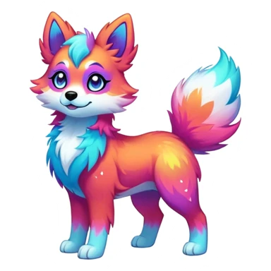 Vibrant multicolored neon-colored Falvie-Fionbri-creature-sparkle-dog-fursona, full body sticker
