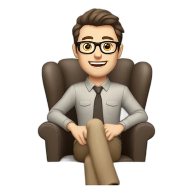 Joyful Celebrating victory Pale skinned Fit Man With dark brown hair in gray jacket, beige office shirt, Brown pants and vintage glasses sitting In a soft chair sticker