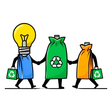 a lightbulb and a battery holding hands, each with recycling bags, walking to recycle sticker