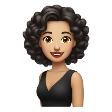 young moroccan woman with dark brown eyes, dark long curling hair with lighter extrimity, red lips, big smile, black dress sticker