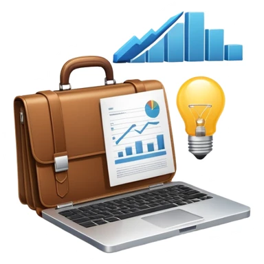 An icon showing a briefcase, a stack of documents, and a rising bar chart, representing business and entrepreneurship. The design features a laptop and a lightbulb, symbolizing innovation and strategy. Transparent background highlights the dynamic world of business growth and leadership. sticker