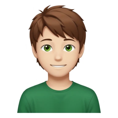 the face of an Anime teen boy with brown hair, green eyes, looking smiling slightly sideways positioned. Face must be main filling of the emoji.  128px sticker