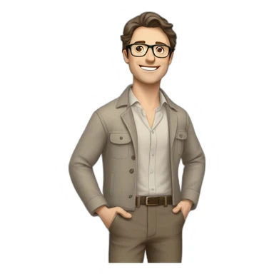 Joyful Full height Pale skinned Fit Man With dark brown hair in gray jacket, beige office shirt, Brown pants and vintage glasses. His thrumbs up sticker