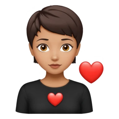 woman pixie cut dark brown hair, tan skin, brown oval eyes, heart shaped face sticker