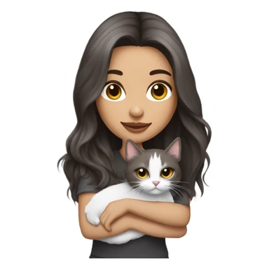 Beautiful dark brown haired tattooed woman holding gray and white long hair cat sticker