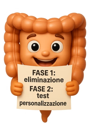 emoji stile iphone 3d di un intestino che tiene in mano un foglio con la scritta "FASE 1: eliminazione, FASE 2: test, FASE 3: personalizzazione, IPERREALISTICO 4K sticker
