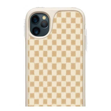 white iPhone 14 with beige checkered case sticker