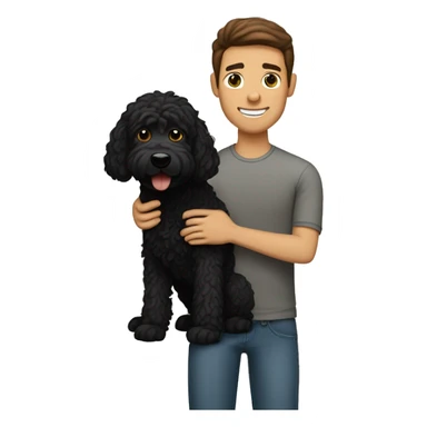 clean-shaven straight-haired brunette man holding black labradoodle sticker