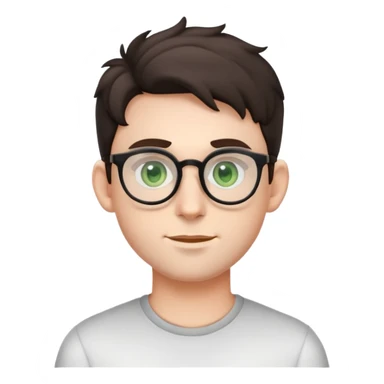 young male emoji with youthful face, poofier slightly curly dark hair, big ears, pale skin, glasses, green eyes set wider apart, very light stubble sticker