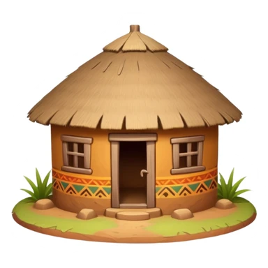 African mud hut tribal house, round adobe clay house, thatched roof, warm sunlight, colorful tribal patterns, cute mobile game icon, 3D cartoon, high detail, clean background sticker