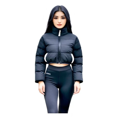 Siyah uzun saçlı siyah ceket  polar ceket ceket gevşek biraz omzundan çıkıyormuş gibi ve bugday ten rengi soltaraftaki omzundan çıkık sadece içinde de siyah crop var crop açık esmer esmer sticker