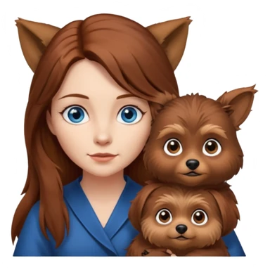 long hair chestnut color blue eyes woman holding small pointy ear ewok dog sticker