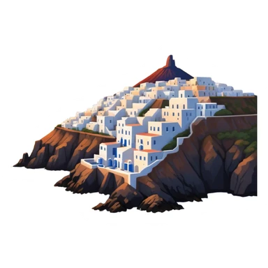 Cinematic Realistic Santorini Caldera Landmark Emoji, featuring white-washed buildings perched on volcanic cliffs, overlooking the deep blue Aegean Sea, with warm sunset hues illuminating the sky and reflecting off the water. sticker