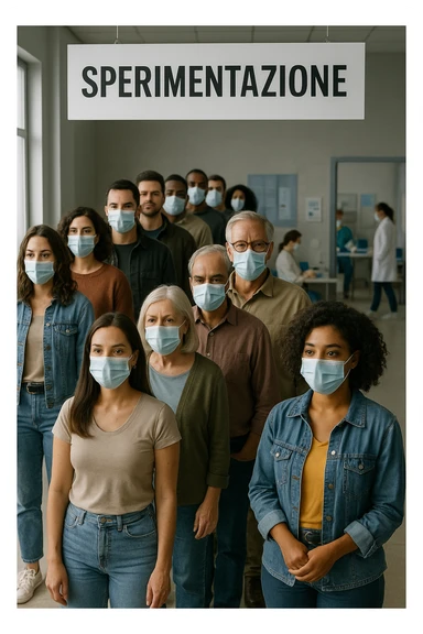 donne e uomini che fanno fila per i vaccini, chiamati "Sperimentazione" sticker