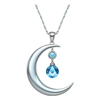Silvery silver moon necklace with a light-blue crystal hanging attached necklace   sticker