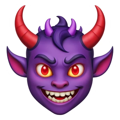 "Smiling face with horns devil emoji, purple skin, curved black horns, mischievous grin with fangs, pointed eyebrows, glowing red eyes, simple white background, cartoon emoji style, high detail, vibrant colors, isolated sticker