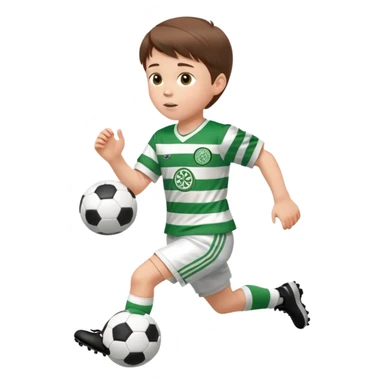 Celtic footballer jersey logo  6 years old brown hair white boy , brown eyes , stripes uniform , RUNNING  with soccer ball # 17 celtic football logo PUT ONLY ONE LOGO ONE CELTIC LOGO ONLY white shorts sticker
