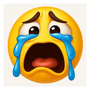 Create a sobbing face emoji in the same exaggerated, cartoonish style as the referenced shocked emoji. The face should have large eyes, an open mouth, tears streaming down, and a dramatic expression, matching the cartoonish exaggeration of the original. sticker