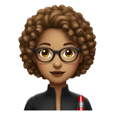 A girl with glasses,curly hair with a red lightsaber sticker