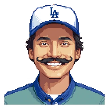 smiling Mexican man with mustache, LA Dodgers cap, blue shirt sticker