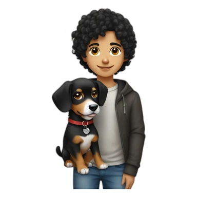 Young russian programmer with curly black hair with dog Entlebucher zennenhund sticker