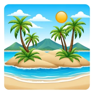 Sanya tropical beach Hainan Island with palm trees, simplified emoji style with bold outlines and bright colors, cartoon style beach with blue water sticker