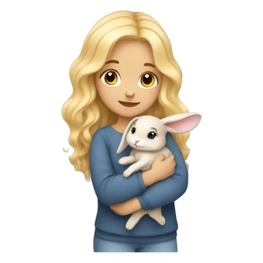 Blond wavy hair girl cuddling a small honey grey rabbit sticker