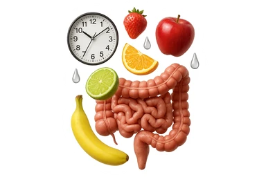 frutta mista cade dall'alto verticalmente insieme a 3 gocce di acqua 3d e un orologio da parete, davanti a questi elementi c'è un intestino umano anatomico iperrealistico sticker