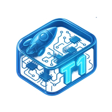 space theme with the words T1, futuristic style, glowing text, digital starscape, sleek and modern sticker