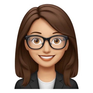 Woman 40, brown long hair, brown eyes, rectangle black glasses sticker