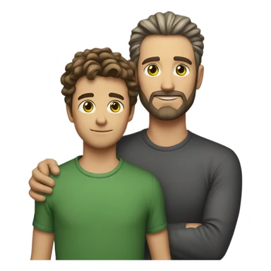 Handsome Father 40s green eyes with short full beard with Son 13s light brown eyes tousled bedhead look both has brunette hair light skin arms on shoulder portrait sticker