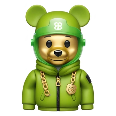 bearbrick wearing lime balaclava with graffiti logos where eye area is replaced by one continuous shield visor lens that's part of the mask, not separate eyewear, puffy coat with fur trim, gold chains sticker