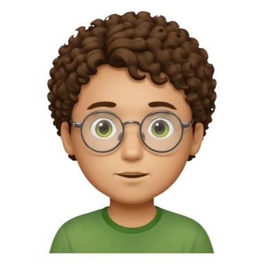 Un ragazzo con occhiali tondi, capelli ricci e una maglia verde sticker