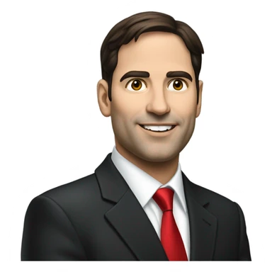 photorealistic Mark Rubio in a black suit with a red tie sticker