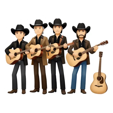 Icon for Country Music: The Highwaymen group, featuring silhouettes of Johnny Cash, Willie Nelson, Waylon Jennings, and Kris Kristofferson with guitars and cowboy hats. A subtle western backdrop with music notes reflects the spirit of classic country. Transparent background. sticker
