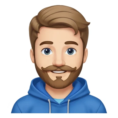 Mr. Beast wearing a blue hoodie, mustache and beard, big friendly smile sticker