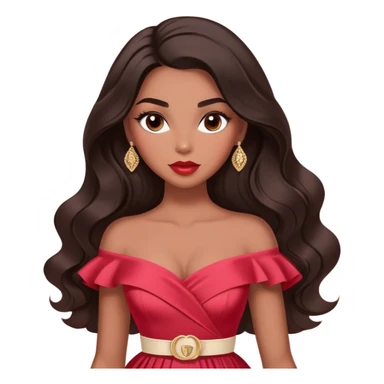 A woman with darker almond-toned skin, more voluminous dark hair in waves, expressive eyes with soft lashes and shimmer, full lips with a glossy nude-pink color, wearing a red dress and a white crossbody sash with “Miss San Juan” in black letters, exuding elegance and confidence sticker