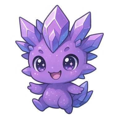 chibi kawaii crystal sprite creature, mostly purple with blue accents, playful grin, sparkling eyes, cute and adorable sticker