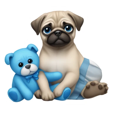 Baby pug with big blue eyes hugging a blue teddy bear  sticker